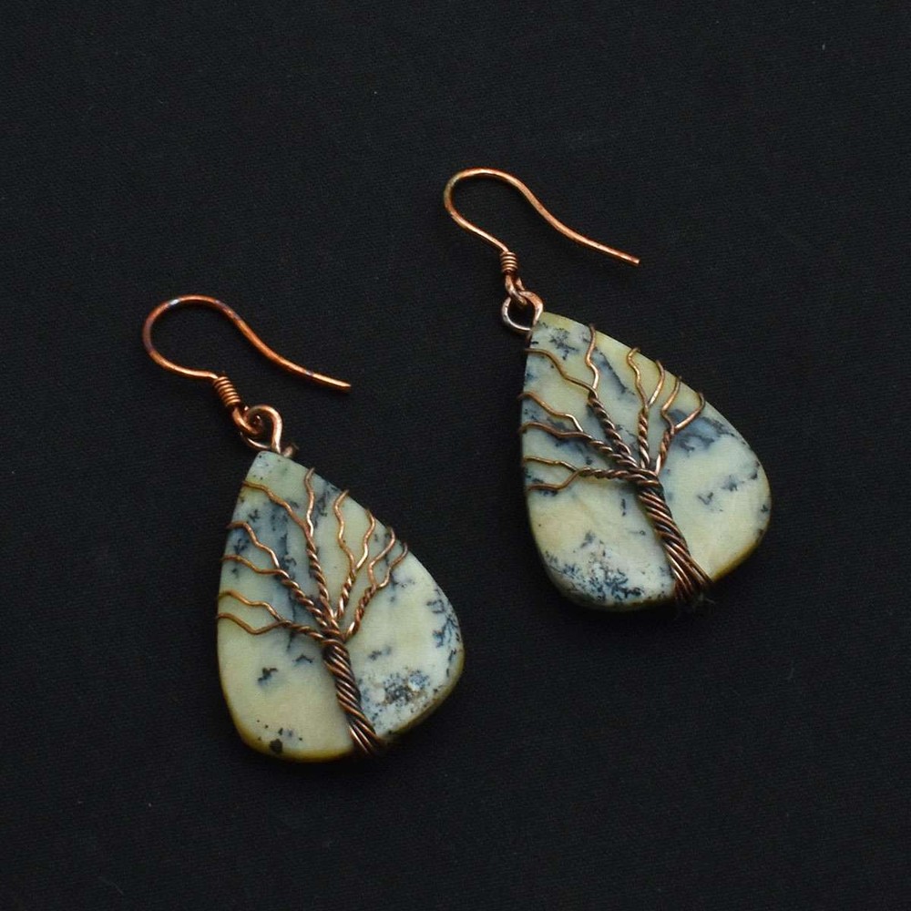 Dendrite Opal Gemstone Copper Wire Drop Dangle Earrings Jewelry 1.68