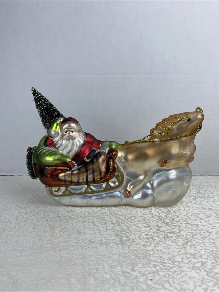 PESCHKA Hand Blown Glass Christmas Santa Sleigh Tree Gifts Reindeer Figurine 9