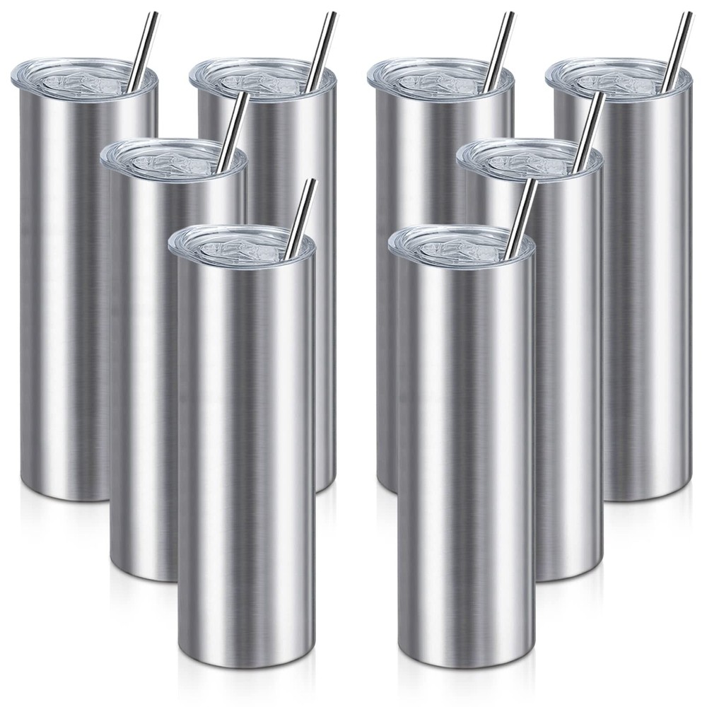 20oz Straight Skinny Tumblers Bulk,Stainless Steel Tumbler with Straw,8 Pack ...