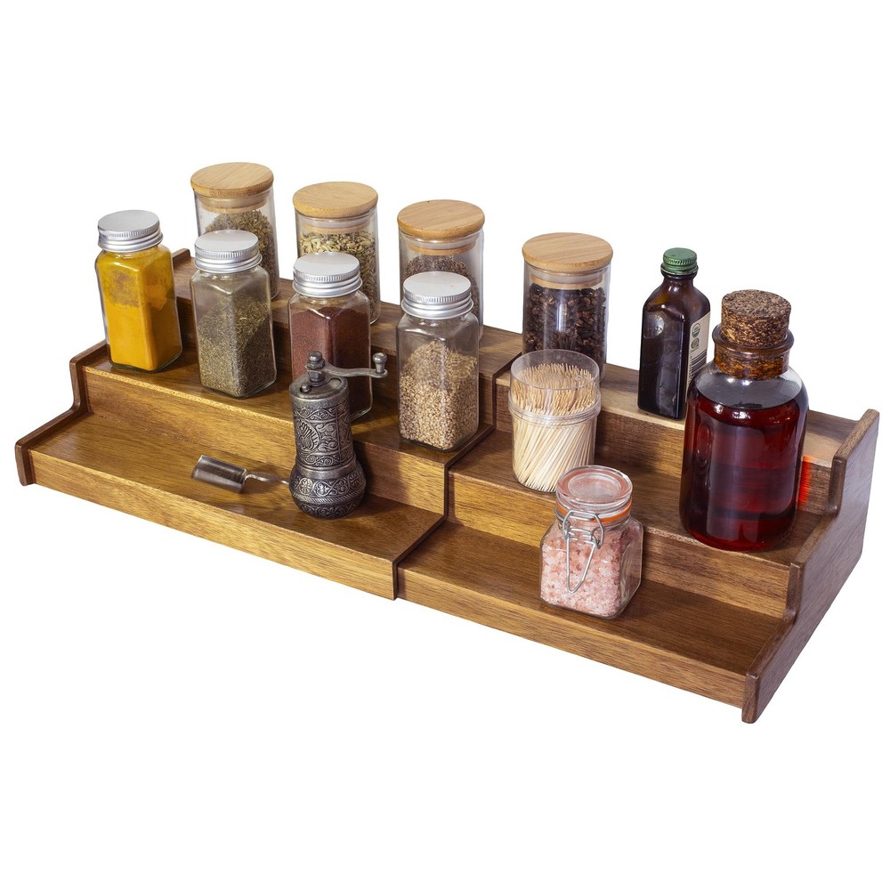3 Tier Acacia Wood Spice Rack Organizer for Kitchen or Cabinet Storage