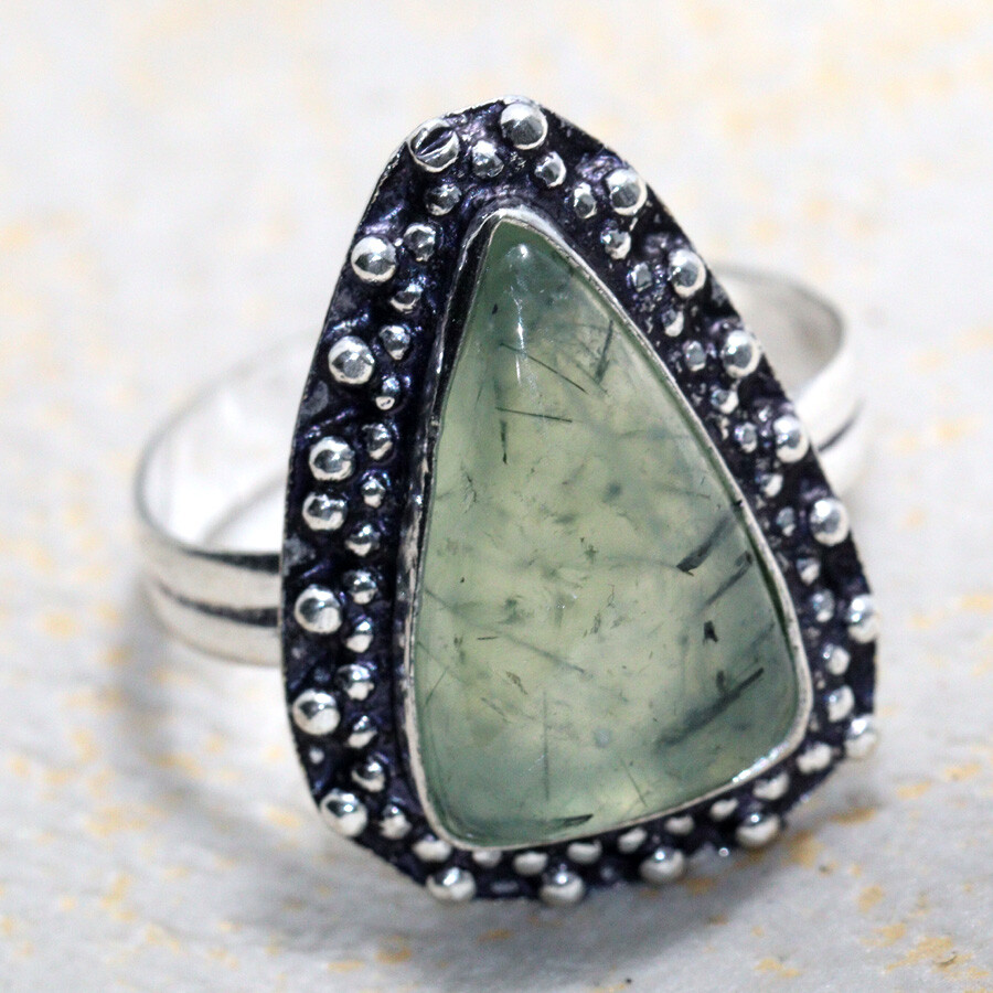 925 Silver Plated Moss Prehnite Ethnic Ring US Size 12.5 Jewelry