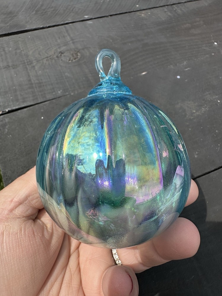 Vintage Blue Ribbed Glass Iridescent Christmas Tree Ornament Ball Bulb Handblown