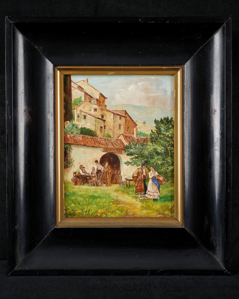 Antique Framed Early 20th C. Original Village Scene Oil on Board 