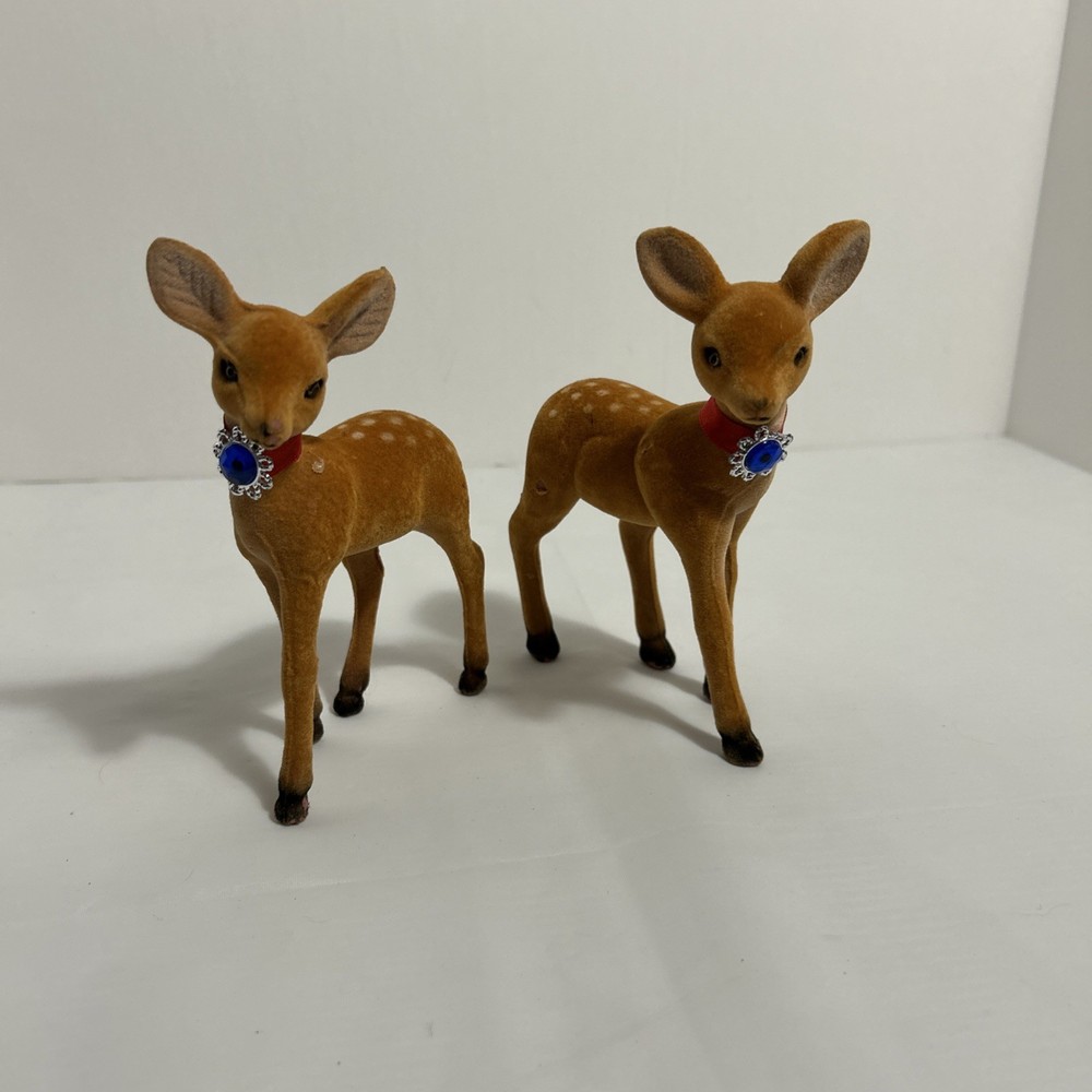Vtg Retro Christmas Deer Fawns Reindeer Flocked Set Of 2