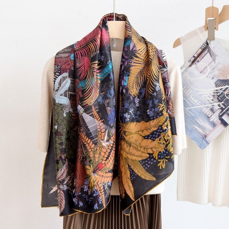Mulberry Silk Square Scarf 43 Inch Castle Flowers Print Shawl Wrap Bandanna
