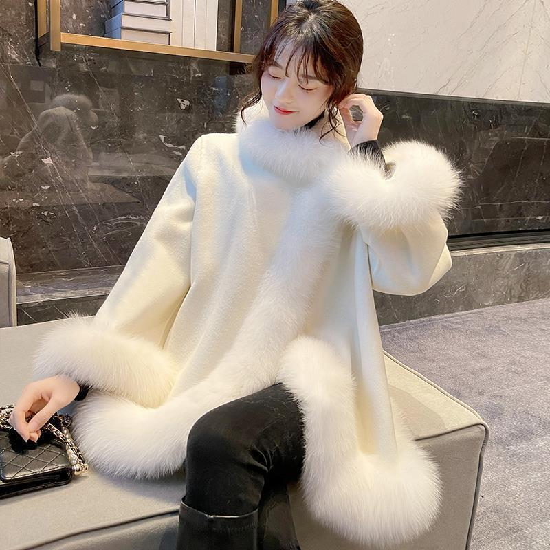 Women Winter Korean Warm Fox Fur Coat Shawl Wool Wool Cloak Loose Mid Long Coat