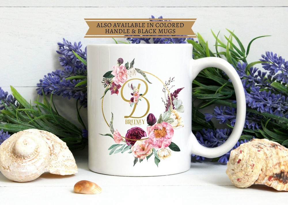 Monogram Floral Bouquet Modern Mug L Bridesmaid Gift Idea L Personalized Pink