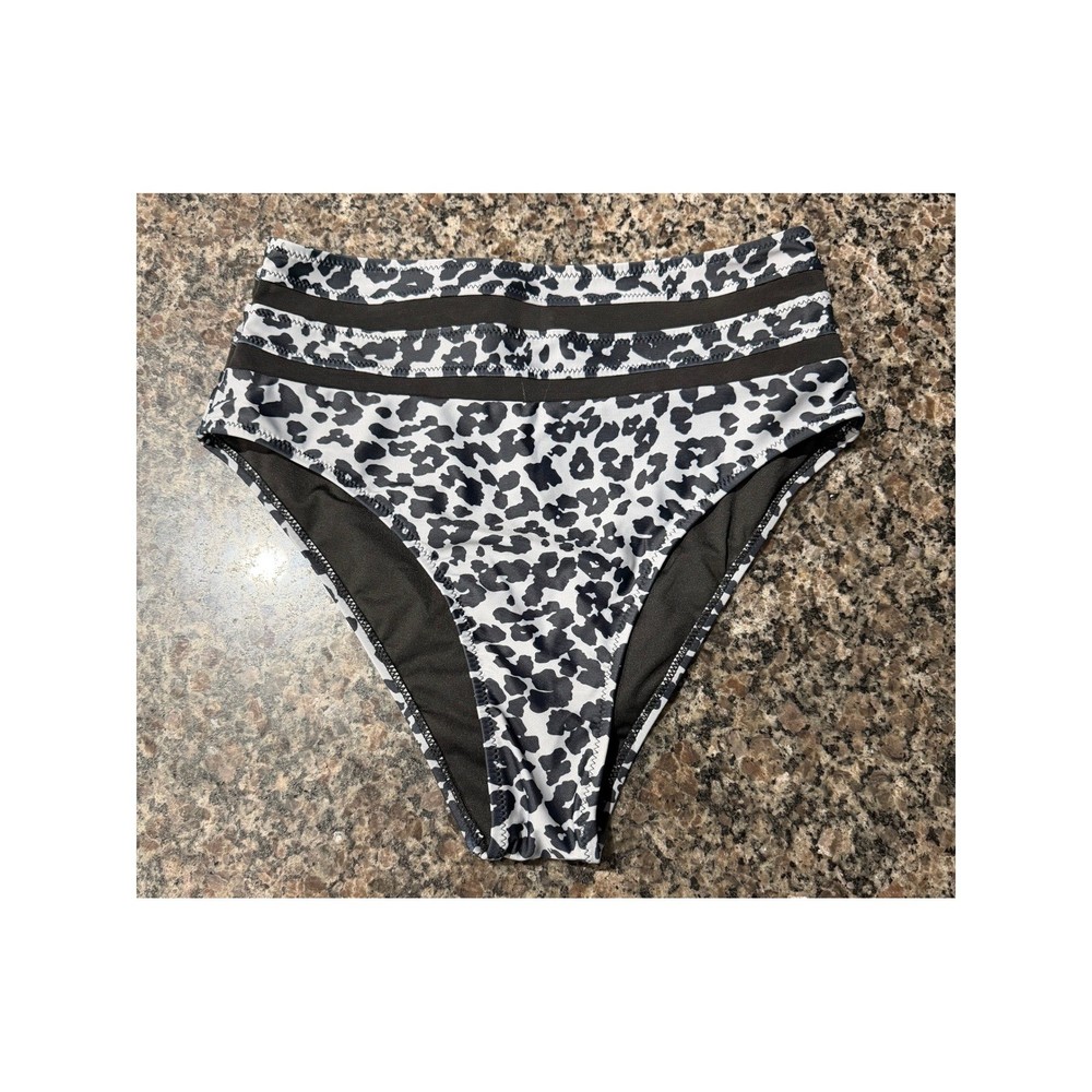 Popvil Womens Leopard Print High Waisted Bikini Bottom Black White Mesh Size S