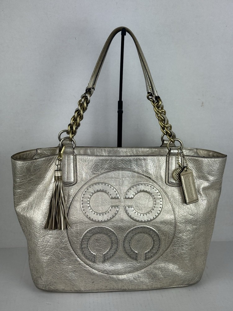 Coach Gold Soft Leather Tote with Chain Handle and Tassel Detail