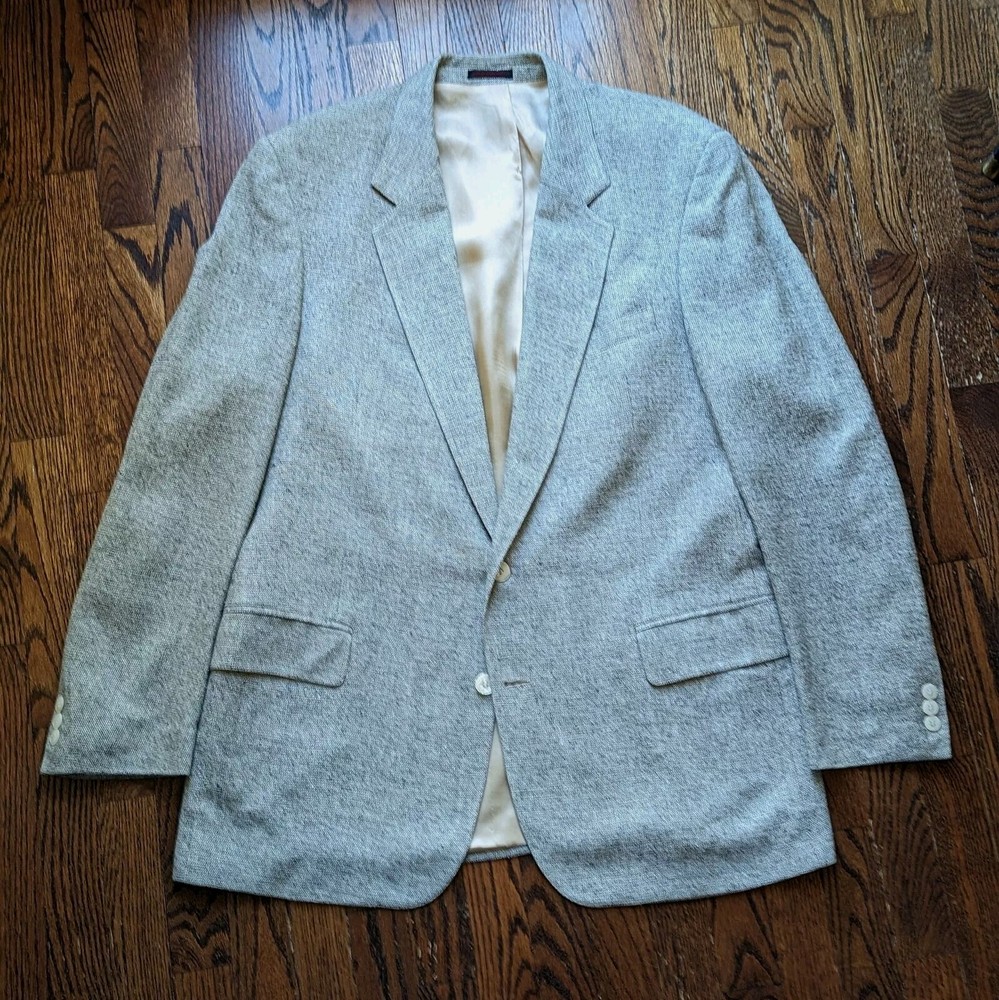 English Manor Mens Sz 44L Taupe Gray Silk Harris Tweed Blazer Jacket Sport Coat