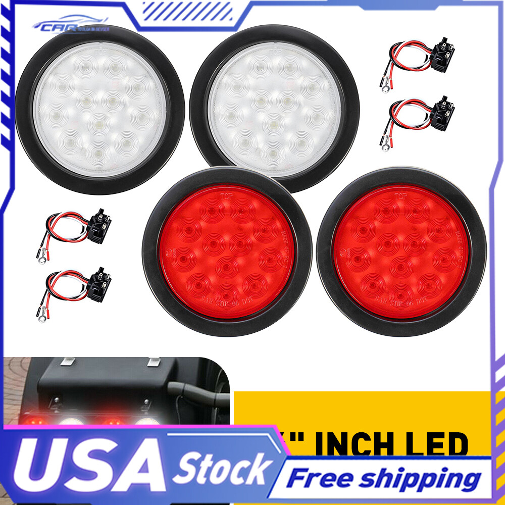 2Red+2White 4Inch Round 12LED Backup Reverse Tail Trailer Light Truck Clear Lens