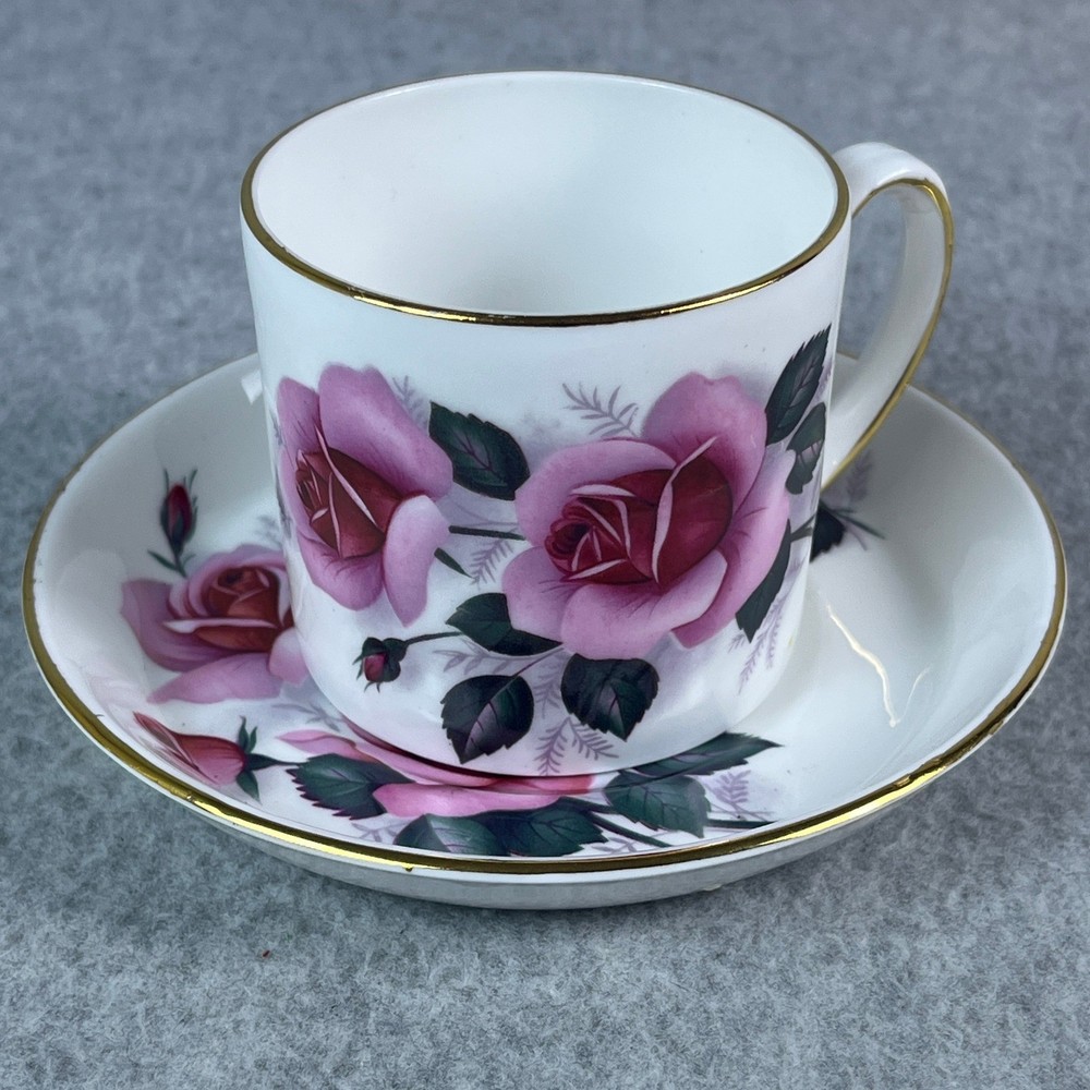 Royal Sutherland Staffordshire Fine Bone China Teacup Saucer Pink Rose Gold Trim