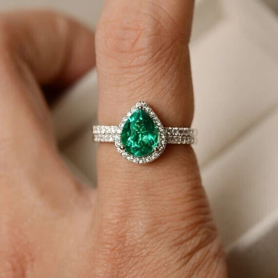 2.45 Ct Natural Emerald & Diamond Engagement Ring 14K Real White Gold Solid