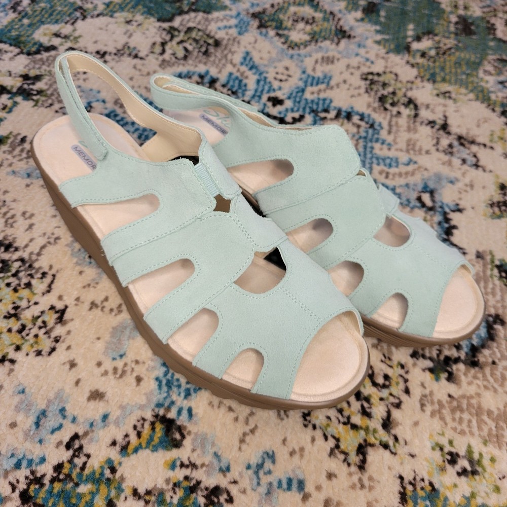 Skechers Mint Green Memory Foam Platform Leather Sandals Size 10