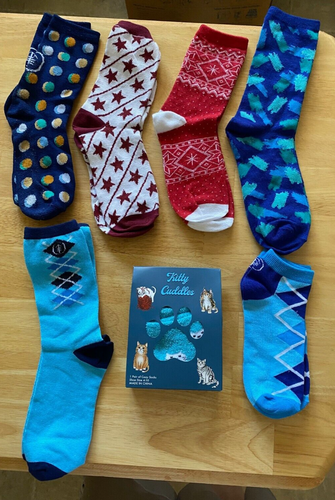 Kitty Cuddles Socks, Pair of Cozy Socks & Six Other Pairs of Socks