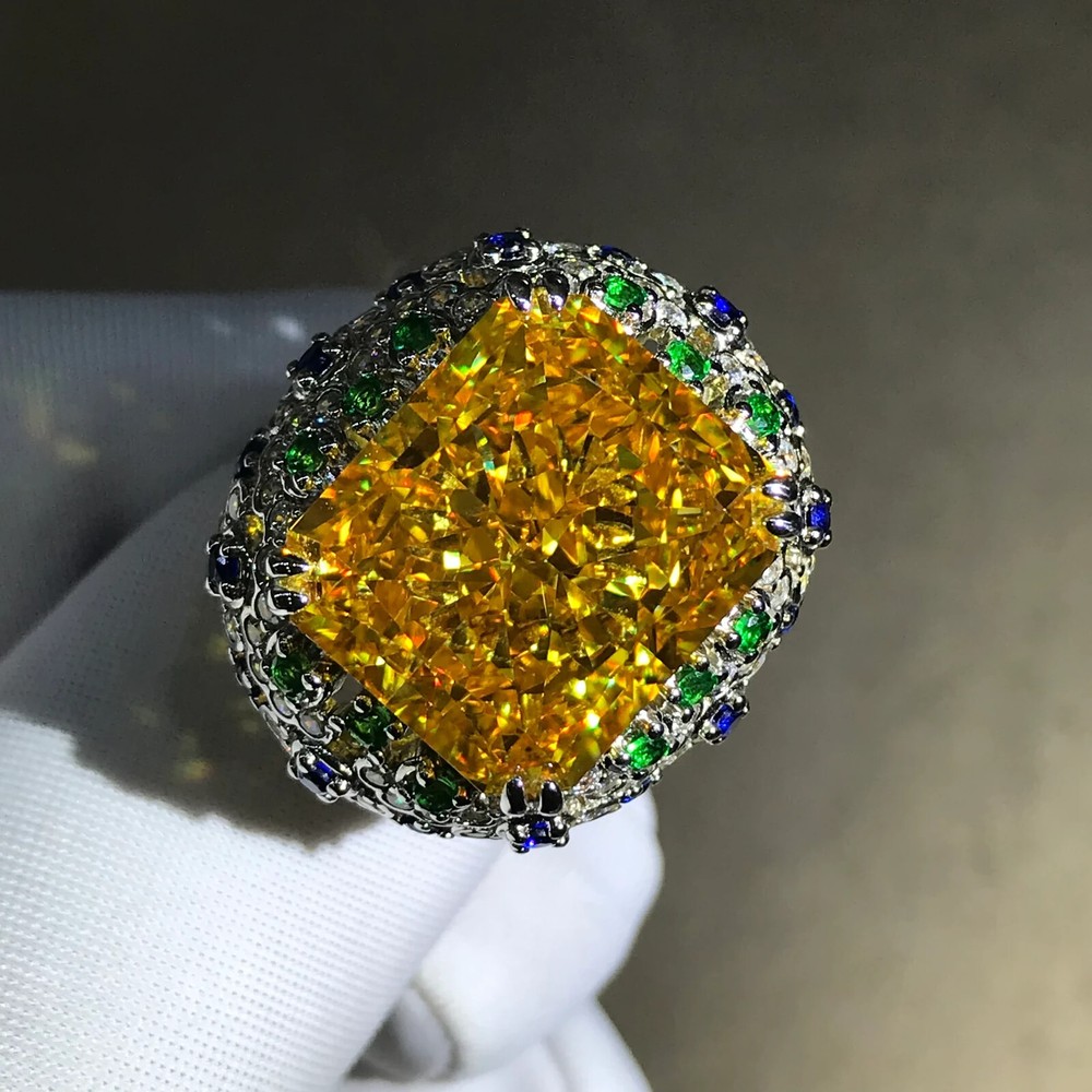 15ct Radiant Cut Deep Yellow VVS Moissanite 10K Gold Double Claw Ring
