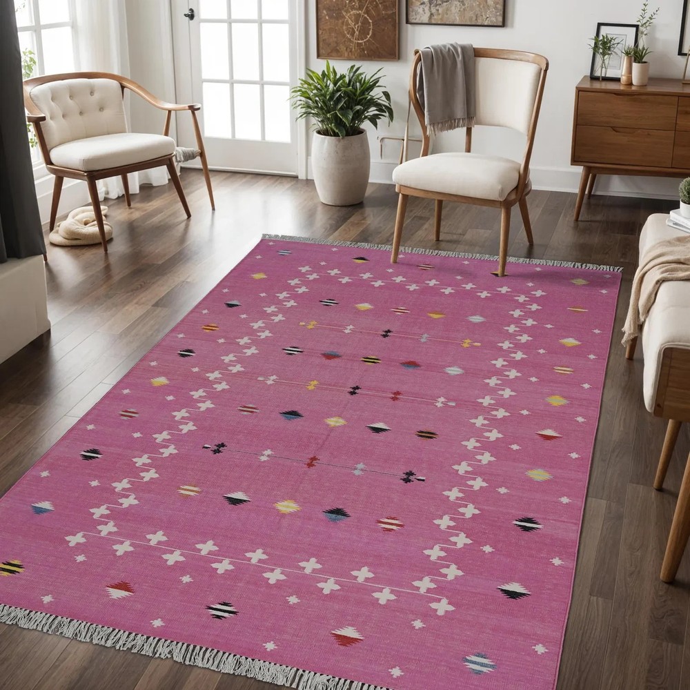 Hand Knotted Kilim Dhurrie Cotton Rug Color Pink Design Handmade Carpet Rug