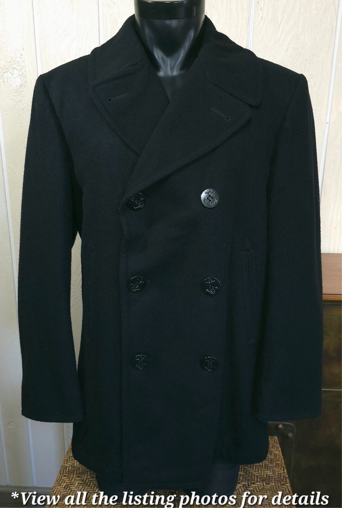 US Navy Peacoat Triton Mfg Men's 40R Black Wool Enlisted Military Overcoat