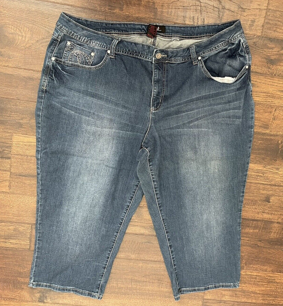 Earl Jean Womens 24w Cropped Stretch Denim with Rhinestone & Embroidered Details