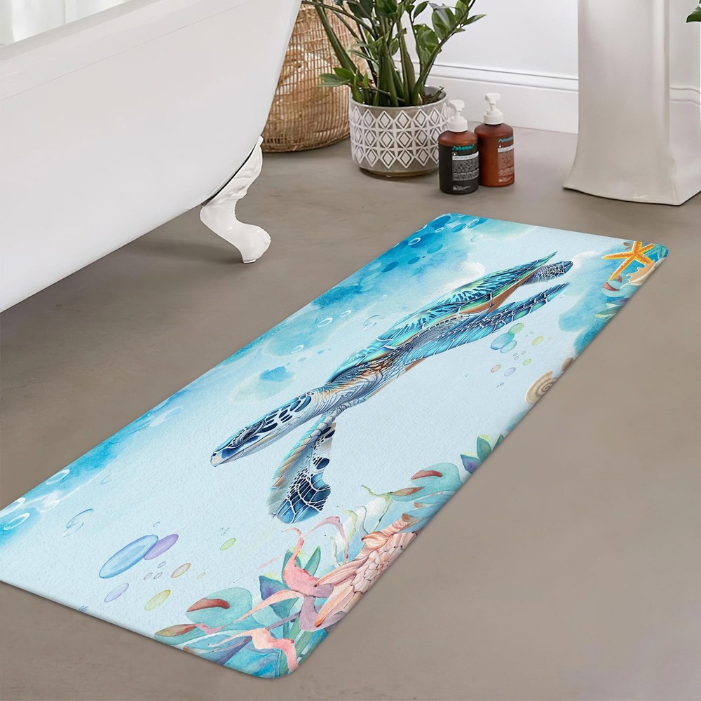 Sea Turtle Non-Slip Bath Mat Underwater Design Nautical Theme Rug Seashe