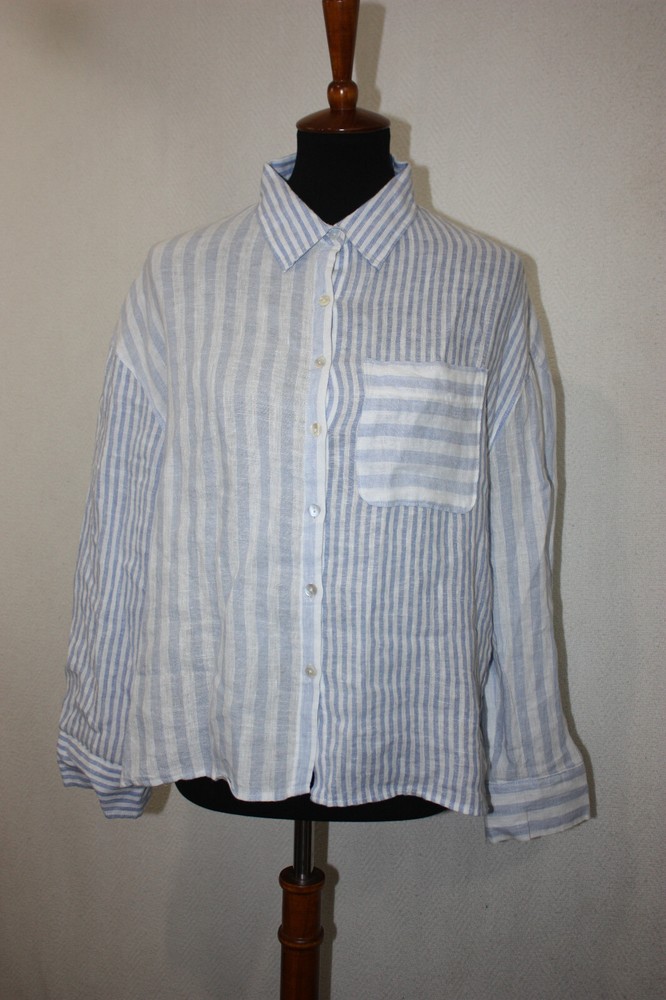 Nicole Miller Linen Button Down Shirt Blue White Stripes Long Sleeve Sz L