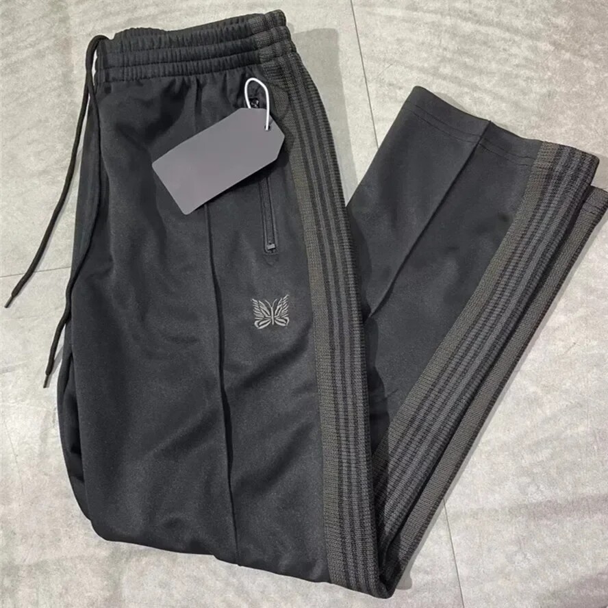 Quality Embroidered Needles Track Pants Classic Stripe Trousers