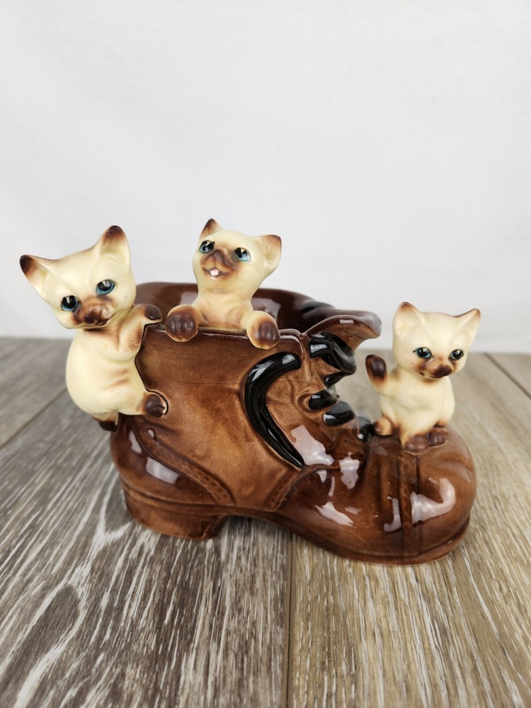 Vintage Siamese Cat Kitten Boot Planter Porcelain Lego Japan #7207
