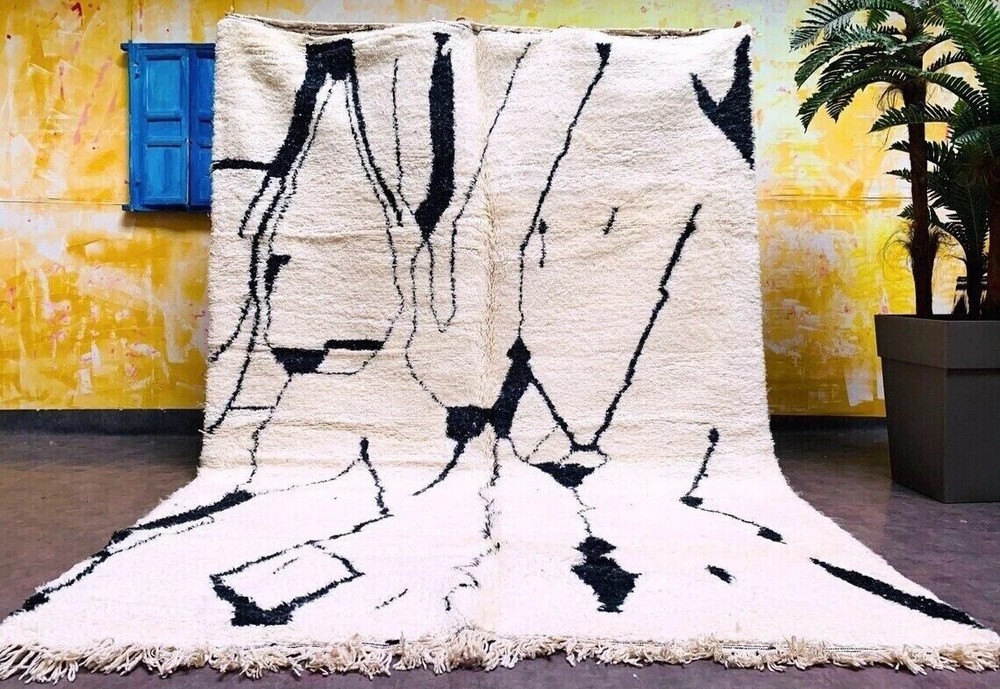 New Moroccan Berber Beni Ourain Wool Rug Color White Black Handmade Carpet Rug