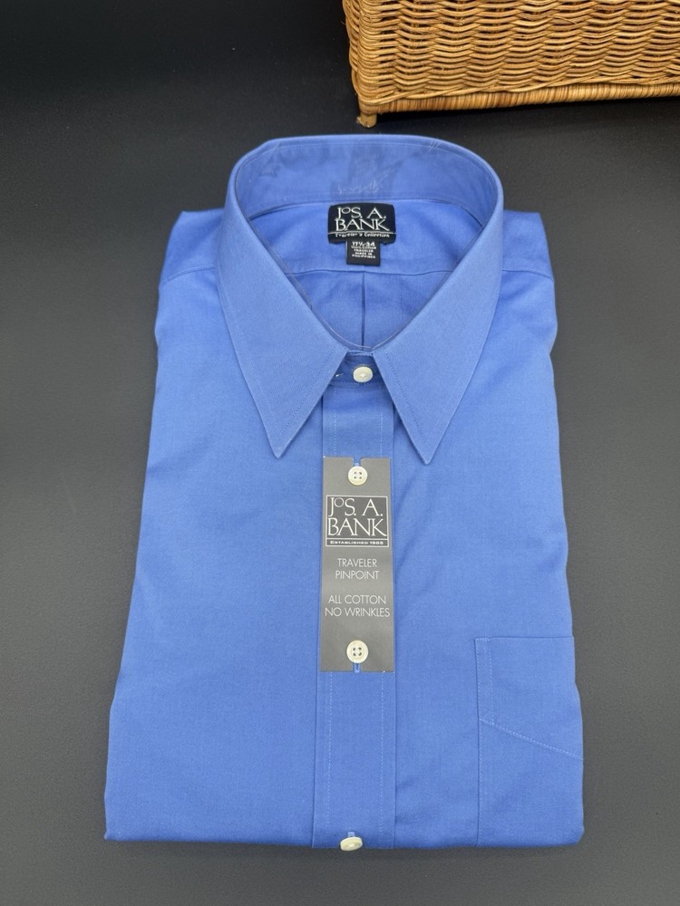 🤍✨Jos. A. Bank 17.5-34 Blue Dress Shirt Cotton Traveler Button Up Tailored Fit