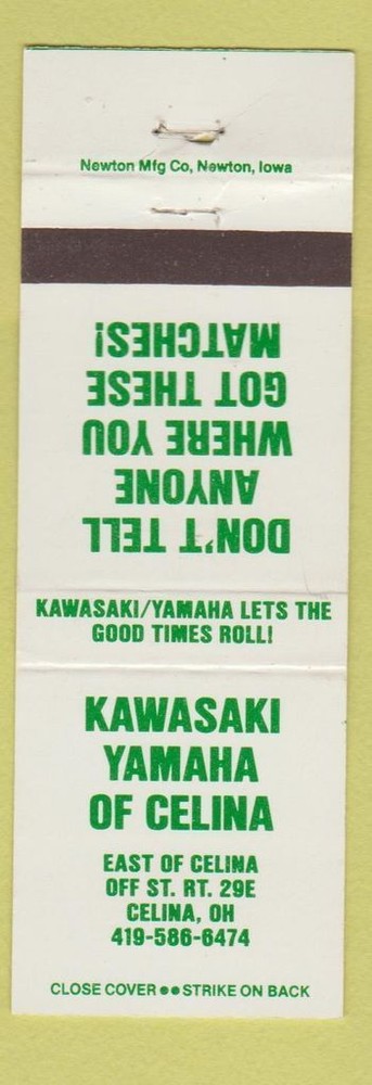 Vintage Kawasaki Yamaha Motorcycle Matchbook Cover Celina Ohio