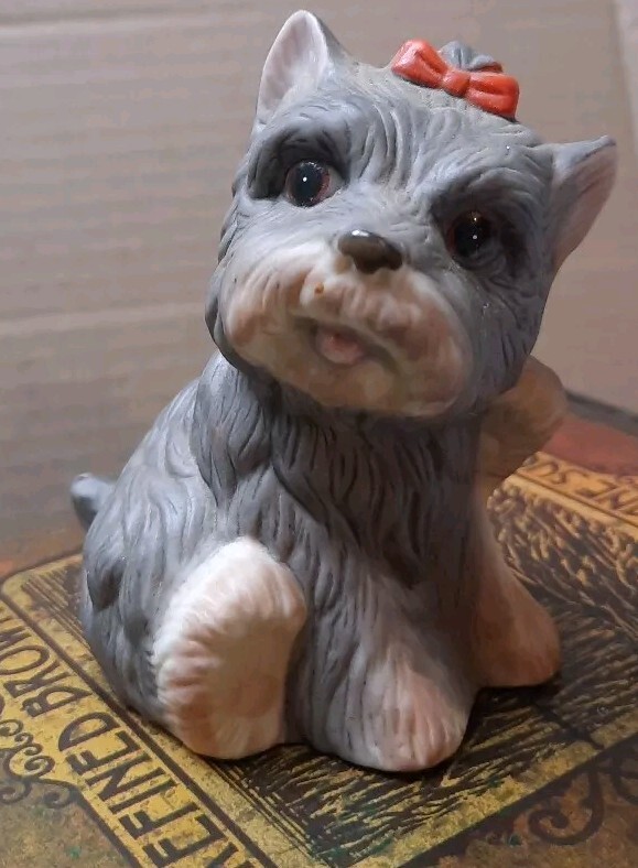 Vintage HOMCO #1475 Yorkie Yorkshire Puppy Figurine Tongue Out Red Bow 4” Small