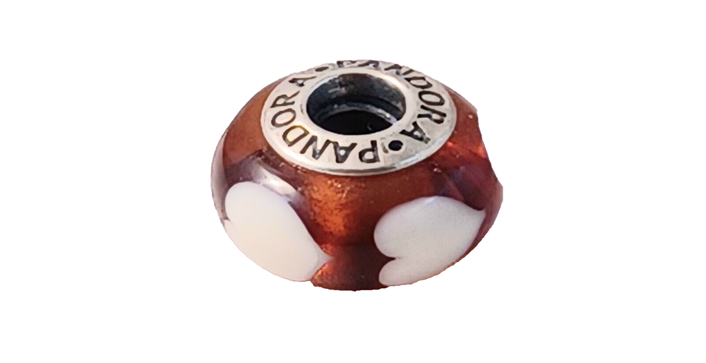 Authentic Pandora Sterling Silver Murano Glass Amber White Hearts Charm