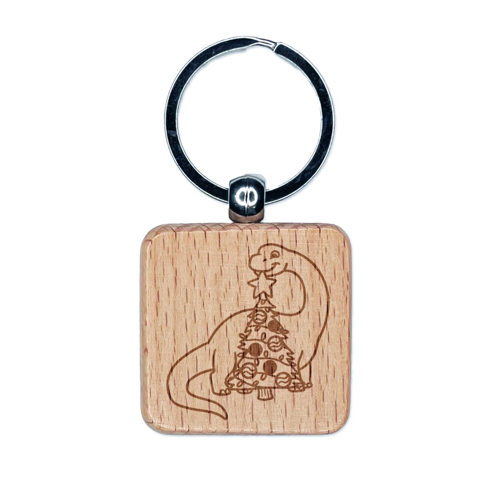 Brontosaurus Dinosaur Christmas Tree Star Wood Keychain