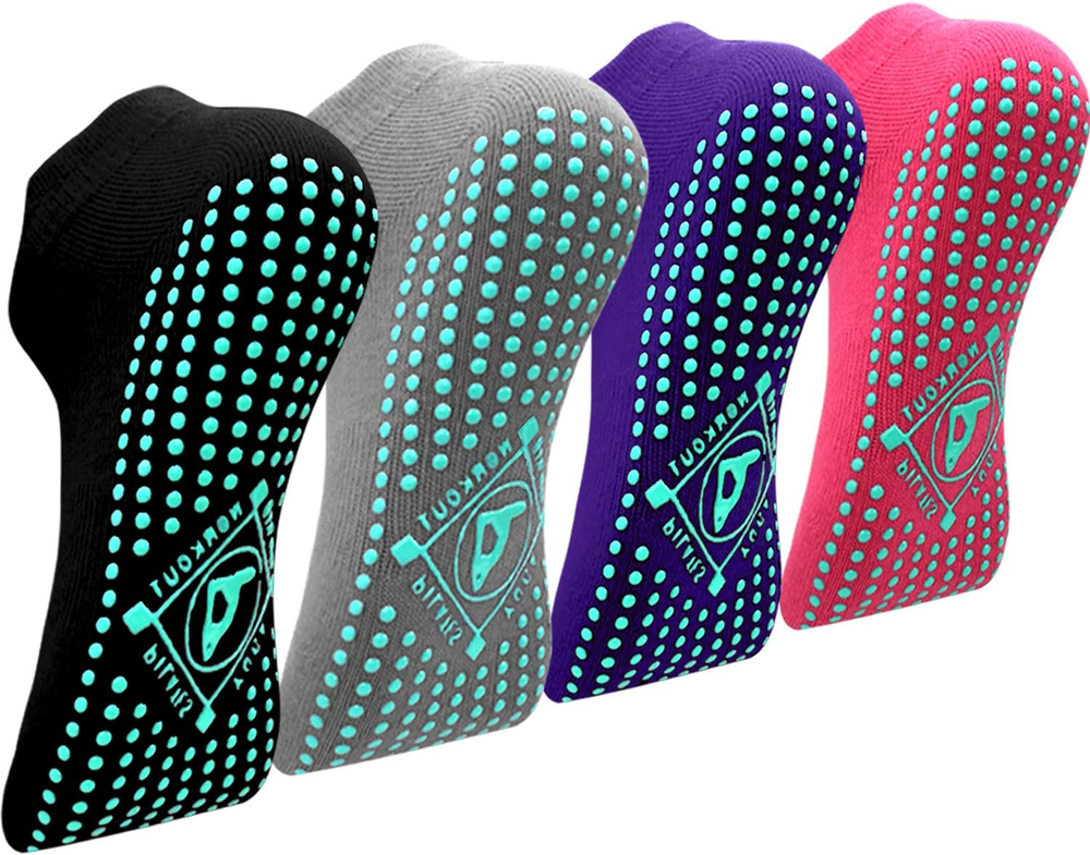 Pilates Yoga Non Slip Grips Socks, Sticky Ballet Workout Hospital Socks, 4 Pairs