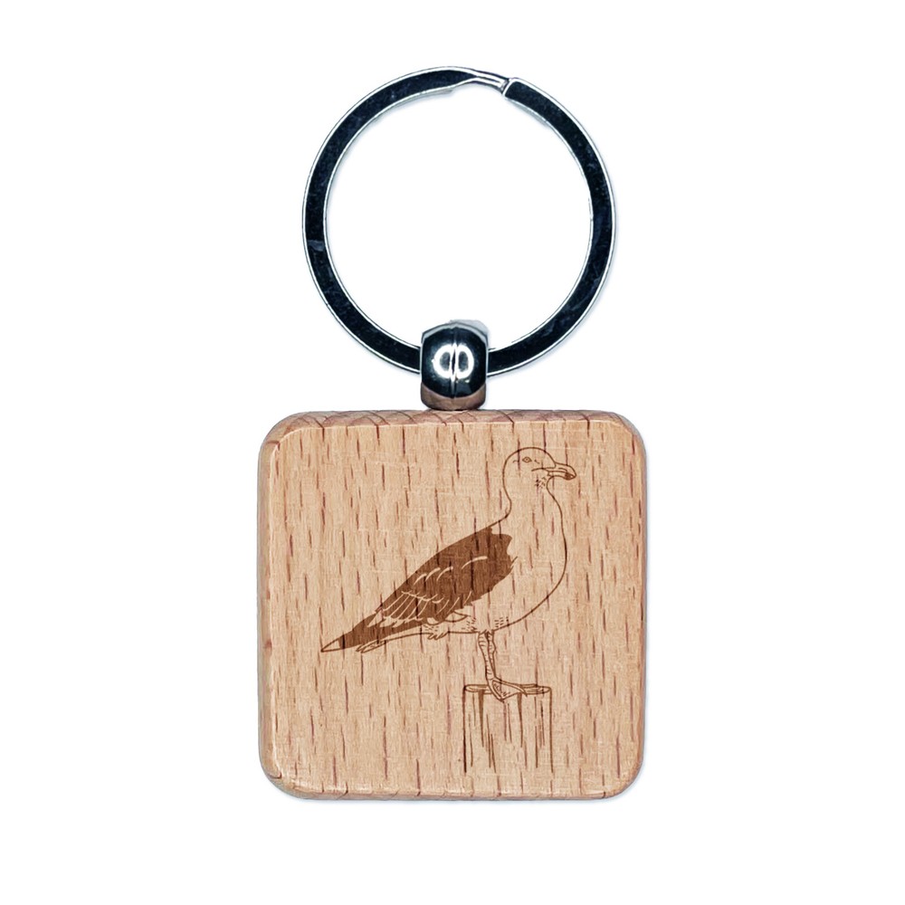 Seagull Bird Engraved Wooden Square Keychain Charm Tag  