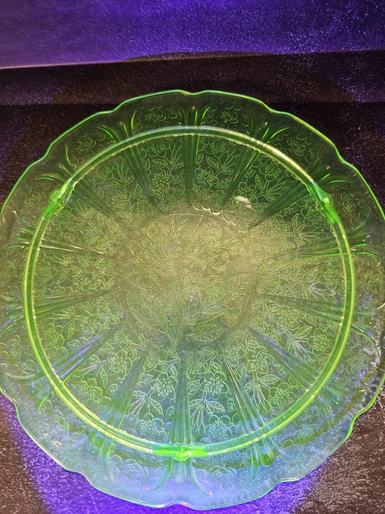 Vintage Jeannette Uranium Green Depression Glass Cherry Blossom Footed Cake Plate  