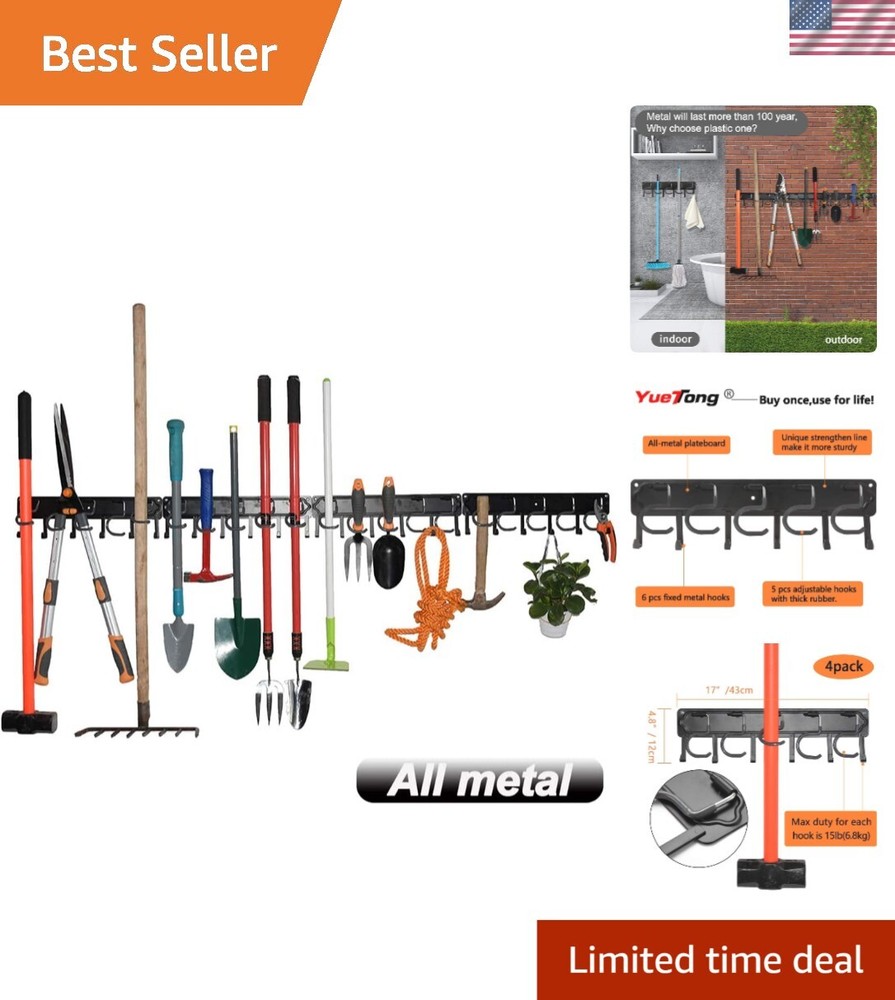 68-Inch Heavy Duty All-Metal Wall Mount Garden Tool Organizer with 4 Hooks