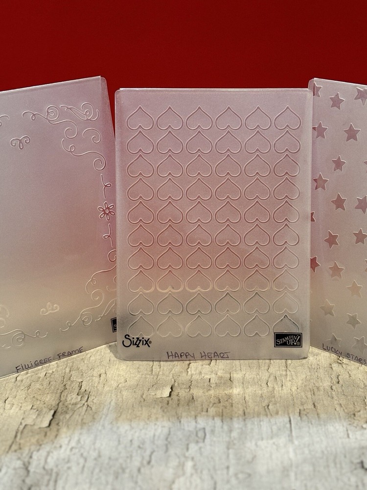 Stampin Up Sizzix Embossing folder LOT of 3-Filligree Frame/Lucky Stars/Happy...