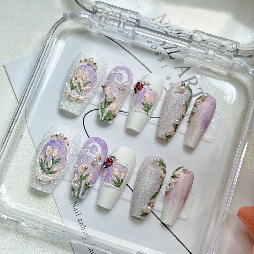 Handmade Flowers 3D Painting False Nail Long Coffin Press on Nail for Nail Art