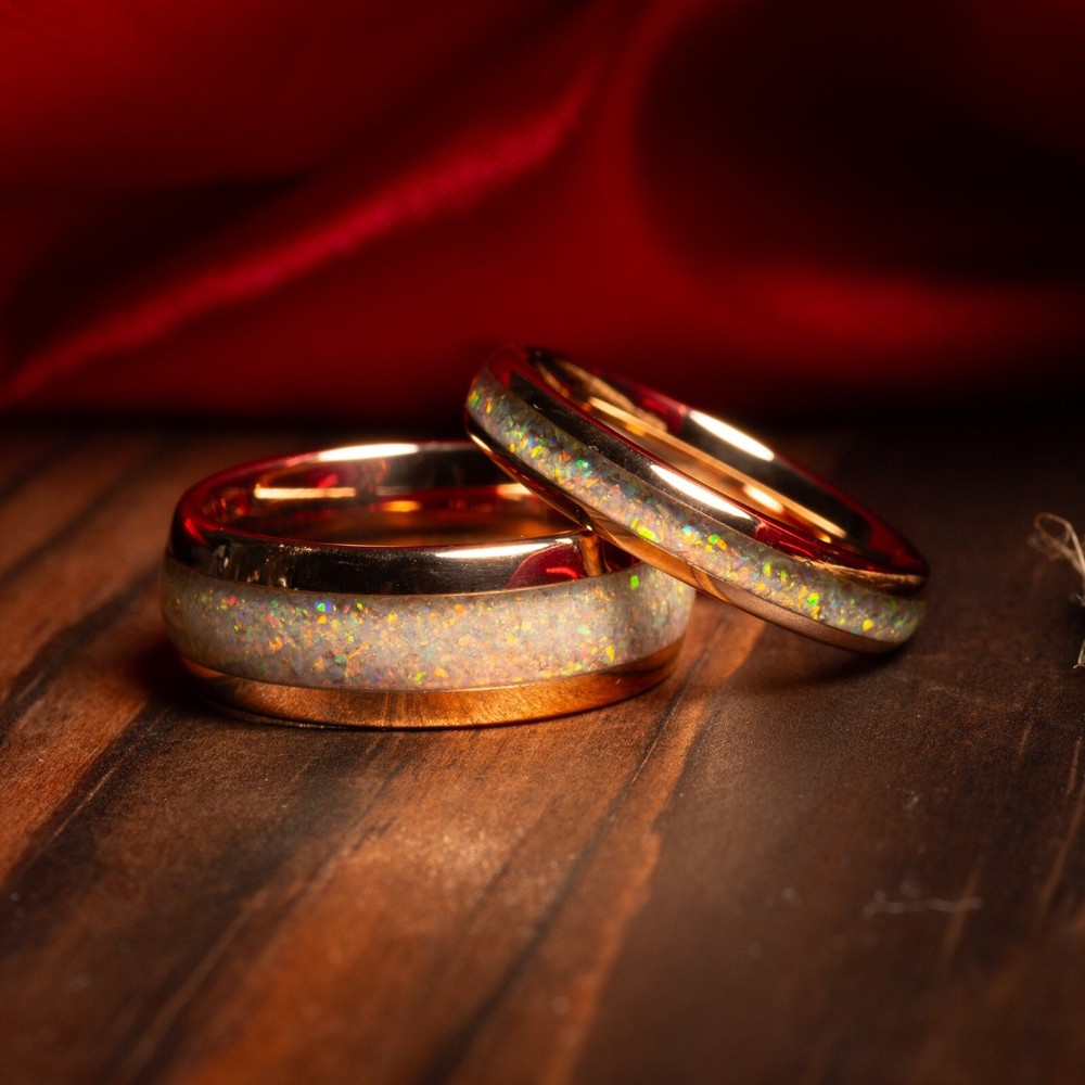 Fire Opal Couples Ring Set, Rose Gold Match His and Hers Tungsten Wedding Bands