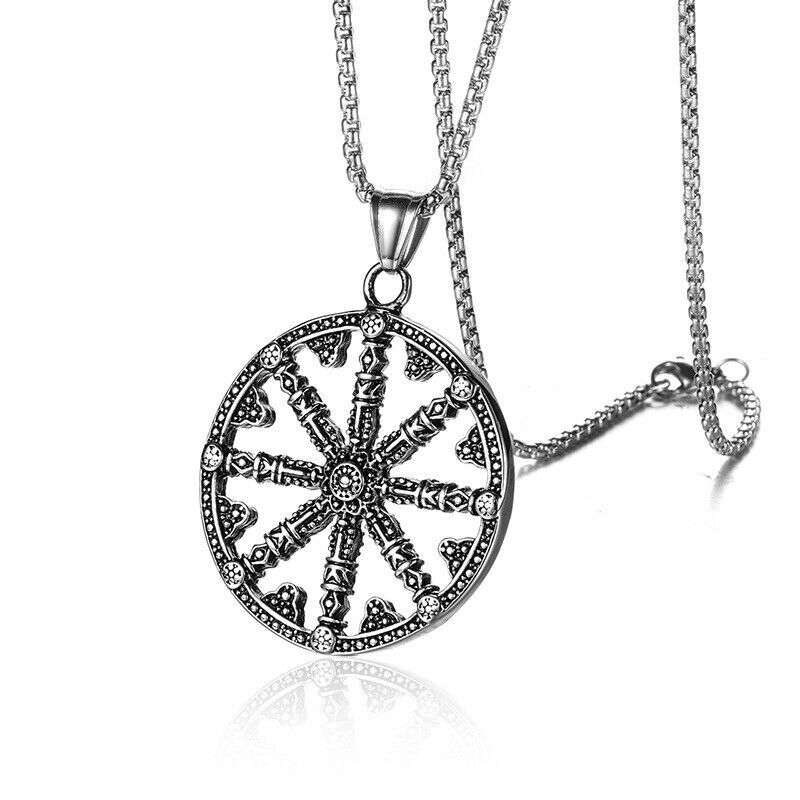 Buddhist Amulet Dharma Wheel Pendant Necklace Stainless Steel Men/Womens Jewelry
