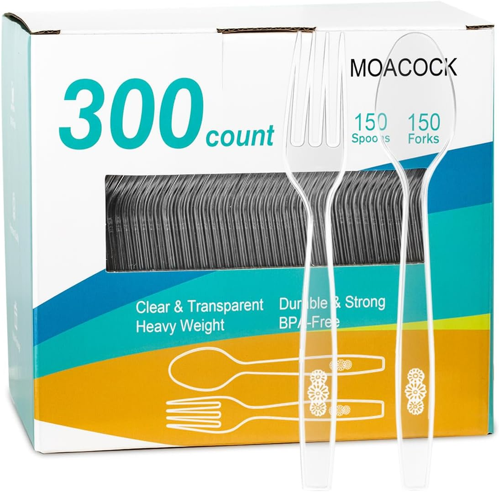 300 Count Plastic Silverware, Heavy Weight Plastic Forks Spoons Disposable Utens
