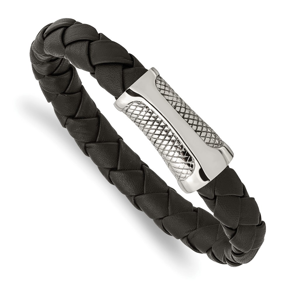 Stainless Steel Polished and Textured Black Braided Leather Bracelet 8.5