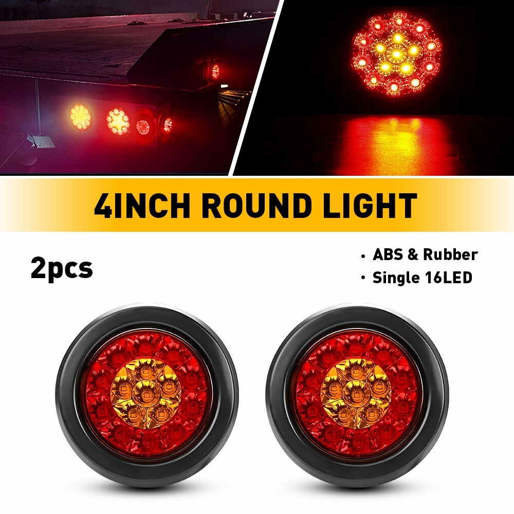 2x 4 Inch Round 16LED Red Amber LED Turn Stop Brake Trailer tail Lights Truck
