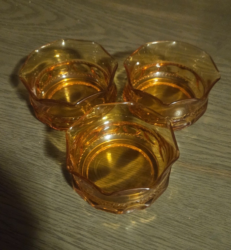 x3 Indiana Glass Amber Dessert Bowls Thumbprint Pattern 4