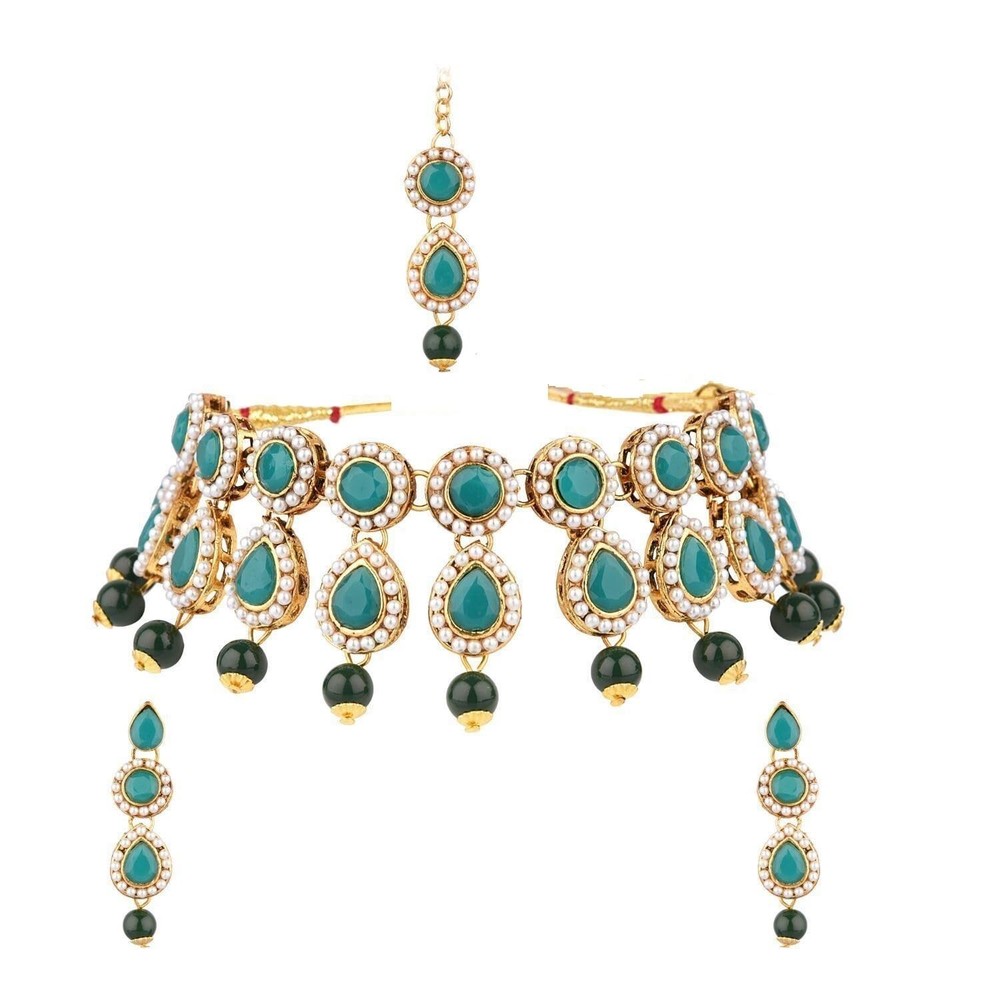 Efulgenz Indian Jewelry Choker Kundan Crystal Necklace Earrings Maang Tikka H...