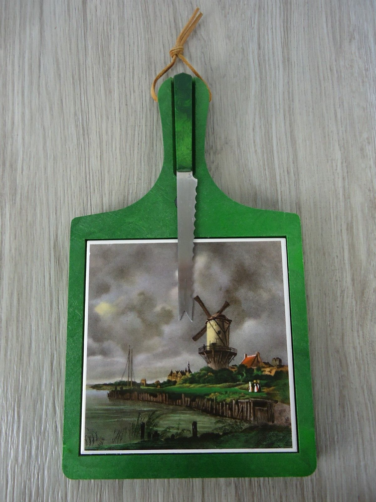 VTG Green Cheese Board Knife Set Windmill Seascape Ceramic Tile Made in Japan