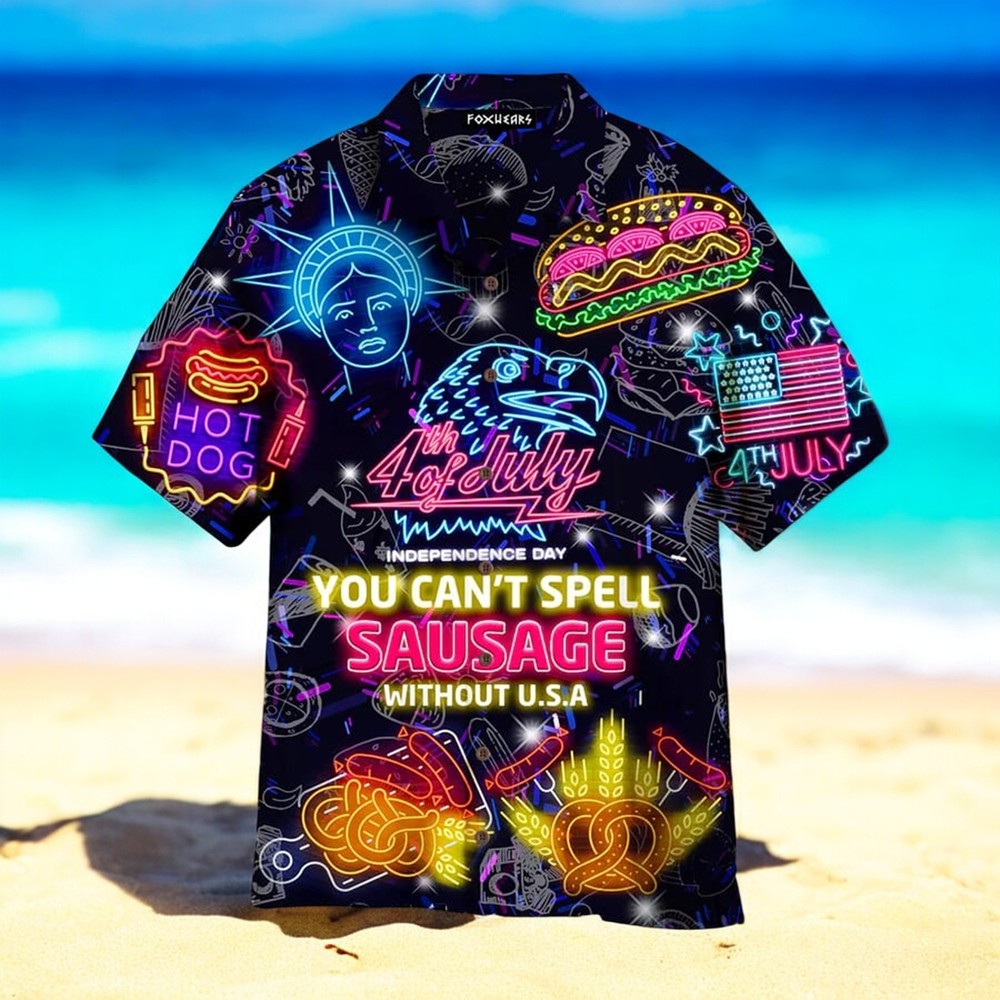 Celebrate 4th Of July with USA Sausage Neon Hawaiian Shirt