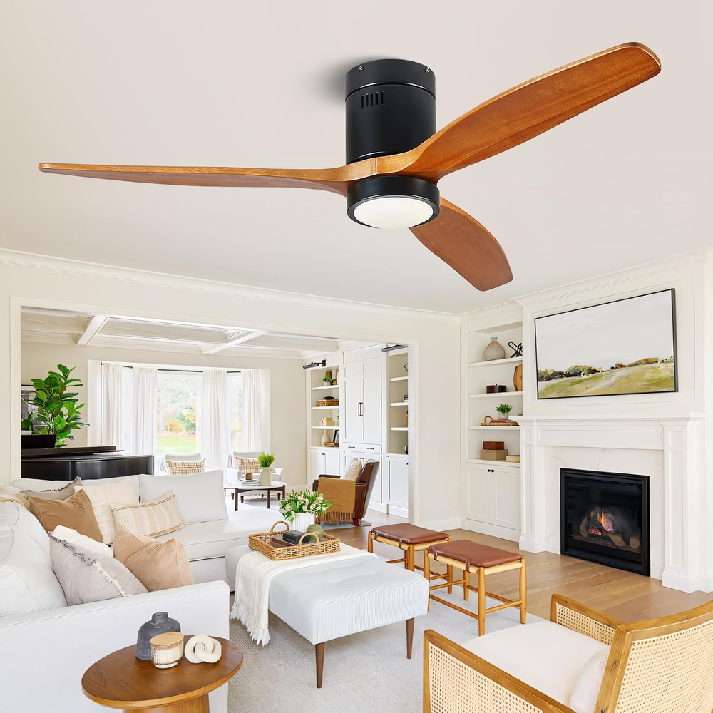 52 Inch Modern Wood Outdoor Ceiling Fan with Remote and Light Kit Low Profile