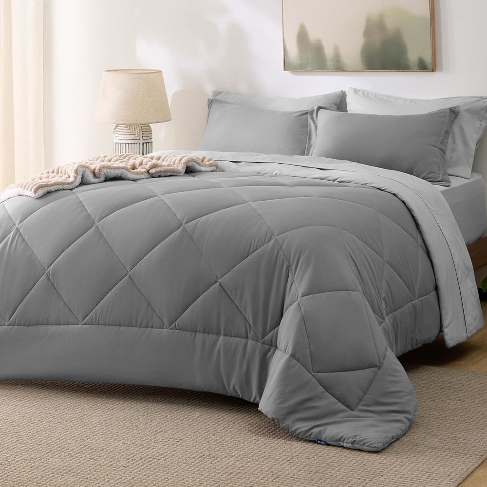 Queen Comforter Set 7pc Reversible Grey Bedding in a Bag Sheets & Pillowcases